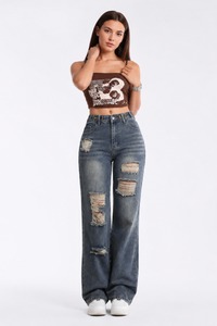 Women's High Waist Distressed Straight Leg Jeans