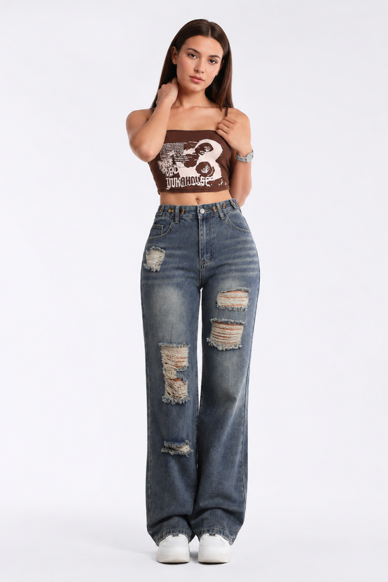 Women's High Waist Distressed Straight Leg Jeans