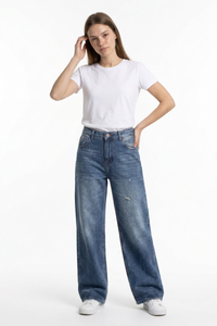 Women's 100% Cotton Distressed High Waist Wide Leg Jeans