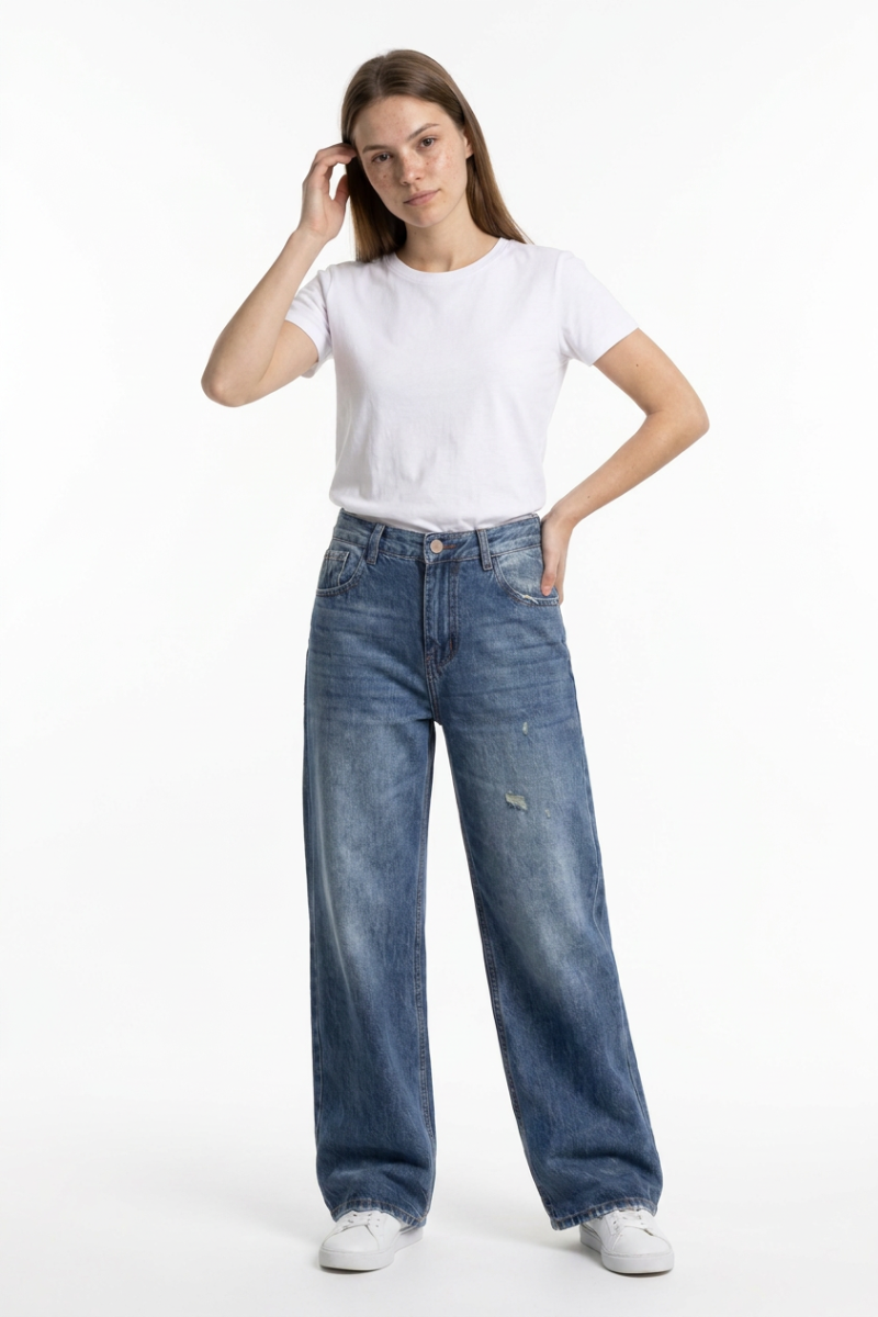 Women's 100% Cotton Distressed High Waist Wide Leg Jeans