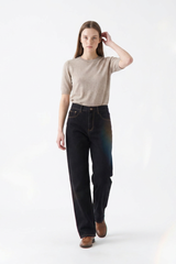 Women's Raw Black Wash High Waist Straight Leg Jeans