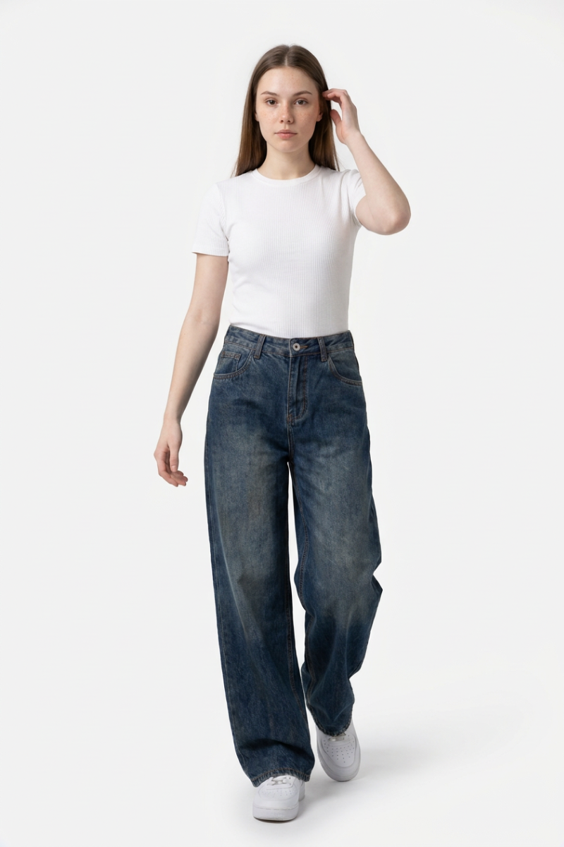 Women's Dirty Wash High Waist Loose Straight Leg Jeans