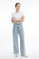 Women's High Waist Pink Bow Printed Wide Leg Jeans