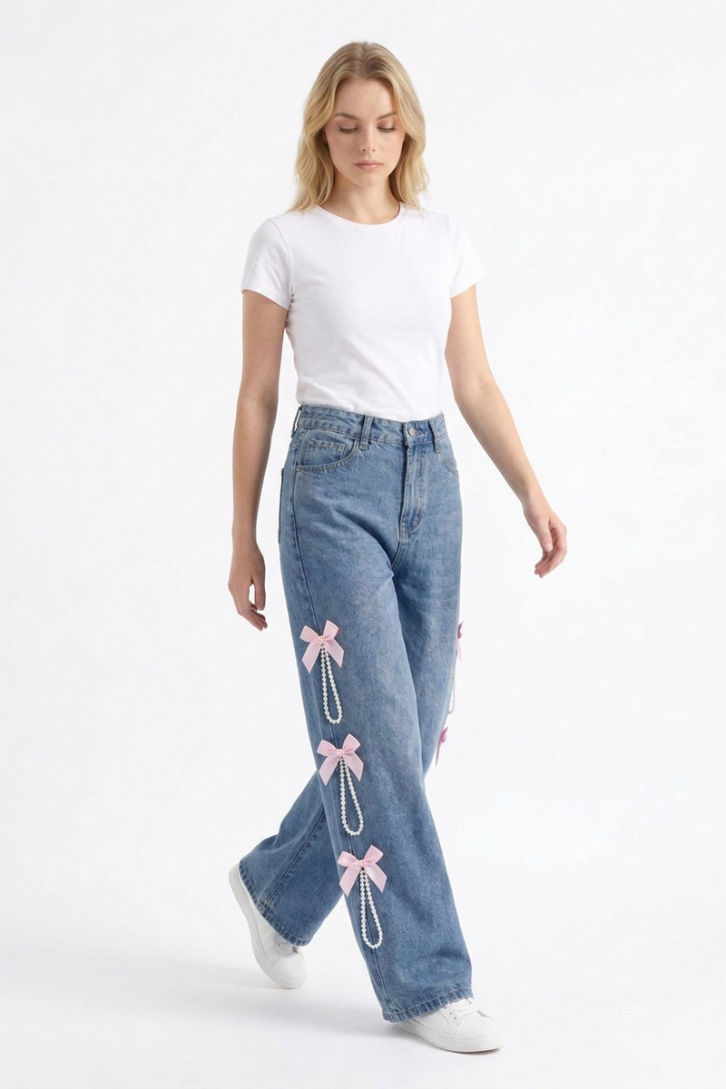 Women's High Waist Bow & Pearl Chain Detail Jeans