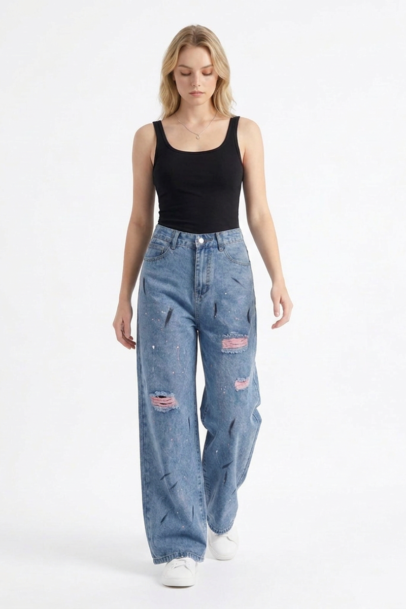 Women's High Waist Graffiti Ripped Wide Leg Jeans