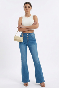 Women's Retro High-Waisted Button-Fly Flare Jeans