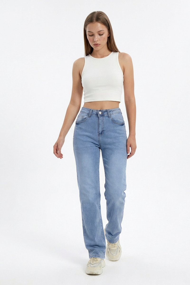Women's Vintage Mid Waist Stretch Straight Leg Jeans