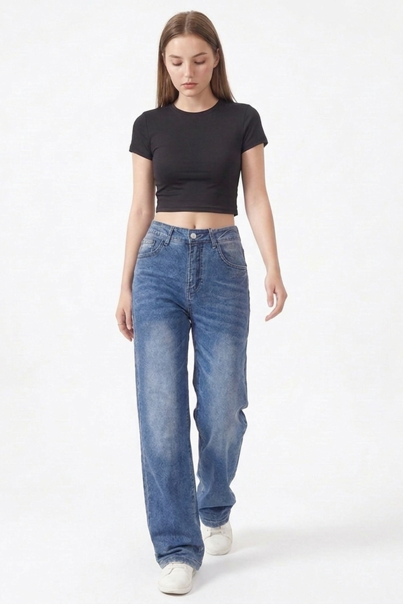 Women's Classic Blue Washed Mid Waist Straight Leg Jeans