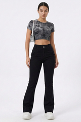 Women's Fall Black Mid Waist Slim Fit Stretch Flare Jeans
