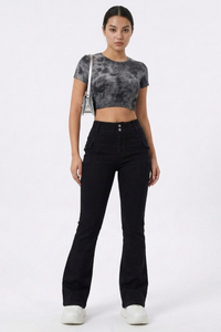 Women's Fall Black Mid Waist Slim Fit Stretch Flare Jeans