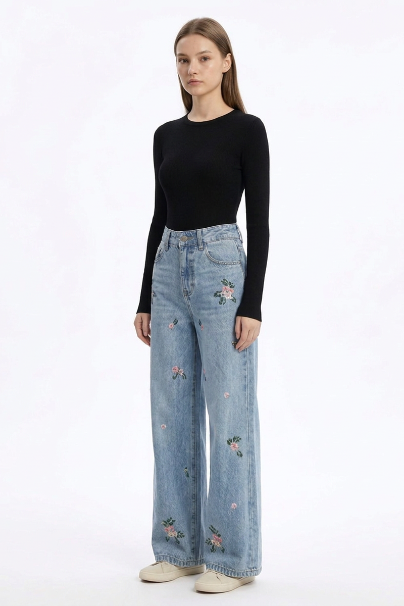 Women's Fall Vintage Embroidered Flowers Wide Leg Jeans