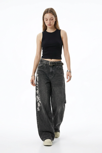 Women's Floral Embroidered Stretch Wide Leg Jeans