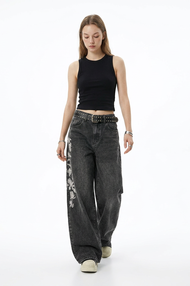Women's Floral Embroidered Stretch Wide Leg Jeans