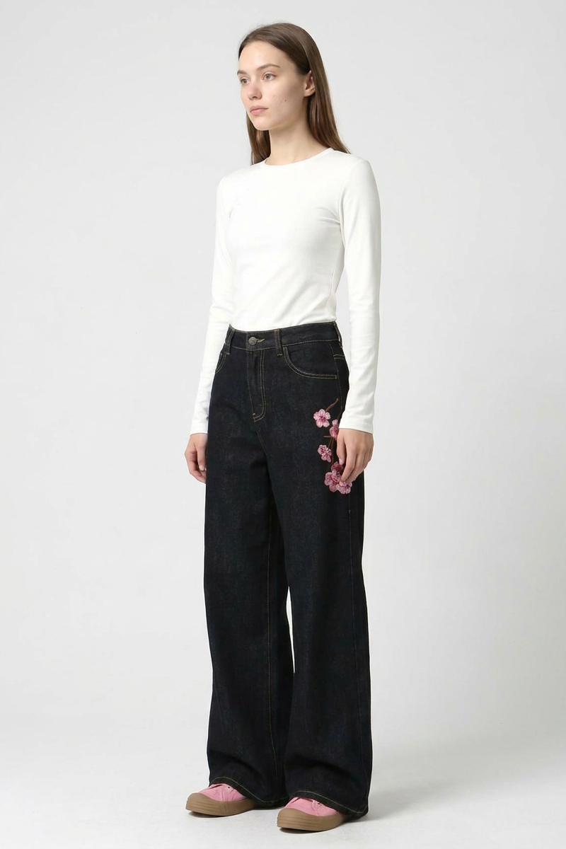 Women's Fall Side Floral Embroidered Wide Leg Jeans