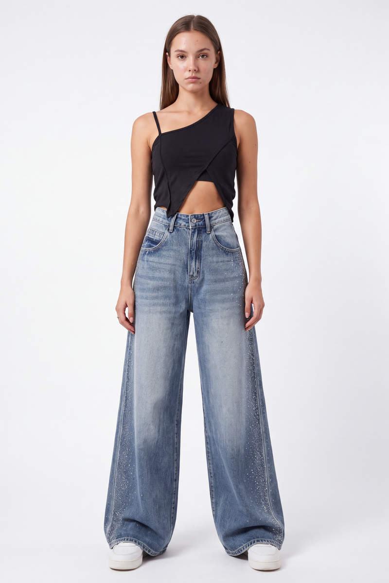 Women's Fall Side Hotfix Rhinestone Embellishment Jeans