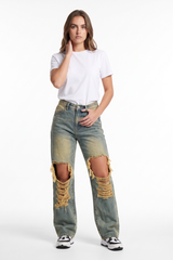 Women's Fall Distressed Ripped Knees & Frayed Wide Leg Jeans