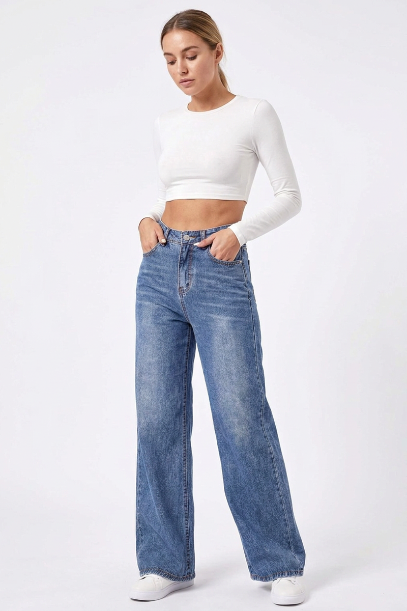 Women's Vintage Wash High Waist Wide Leg Jeans