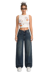 Women's Vintage Washed Mid Waist Loose Wide Leg Jeans