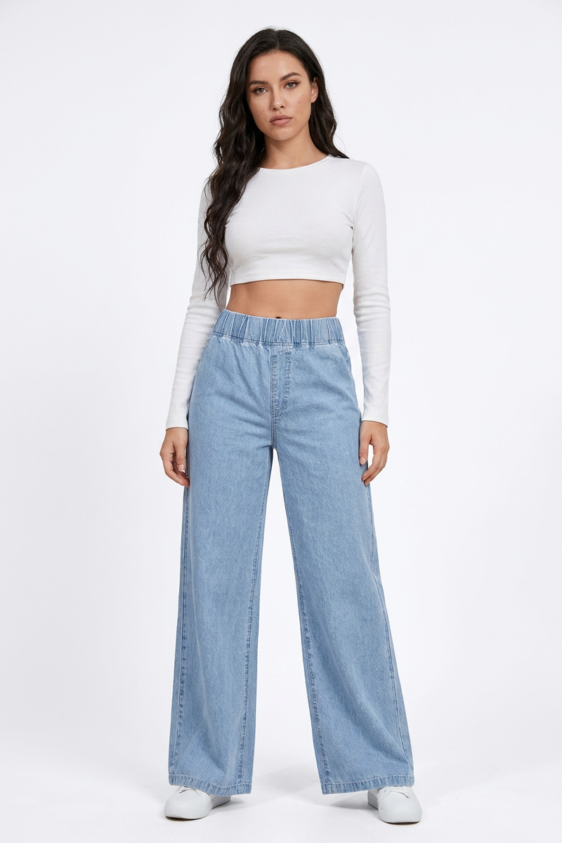 Women's  Elastic-Waist Relaxed Baggy Wide Leg Jeans