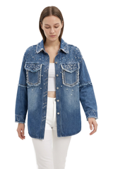 Women's Pearl Embellished Oversized Wash Denim Jacket