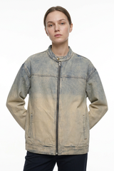 Women's Washed Stand Collar Zip-Up Vintage Denim Jacket