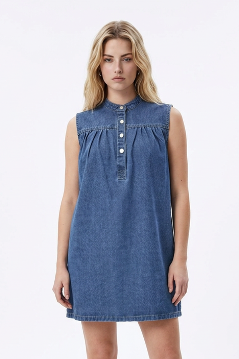 Women's Blue Half-Button Sleeveless Mini Denim Dress