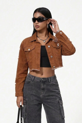 Women's Streetwear Distressed Raw Edge Cropped Denim Jacket