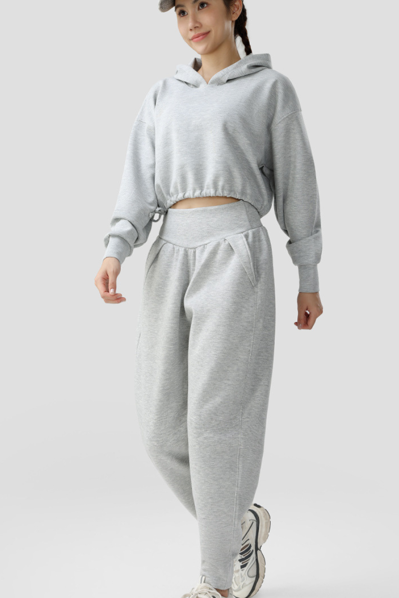 Women Cropped Hooded Top and High Waist Pants 2 Piece Set