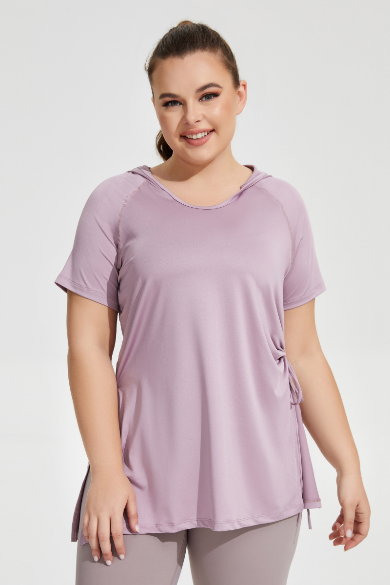 Plus Size Women's Side Drawstring Slit  Hooded T-shirt