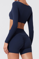 Women's Cropped Long Sleeve Top & Ruched Yoga Shorts Set