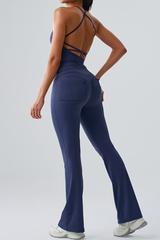 Women's Spaghetti Strap Sports Bra & Pocket Yoga Flare Pants Set