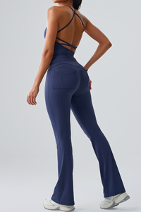 Women's Spaghetti Strap Sports Bra & Pocket Yoga Flare Pants Set