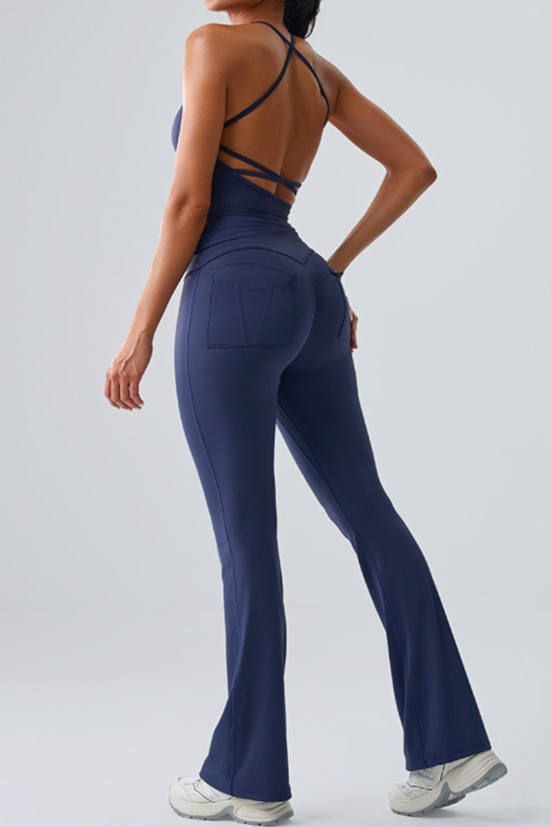 Women's Spaghetti Strap Sports Bra & Pocket Yoga Flare Pants Set