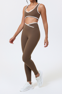 Women's Color-Block Sports Bra & Cross-Waist Sport Leggings Set