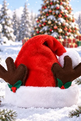 Unisex Christmas Santa Hat Plush with 3D Reindeer Antler