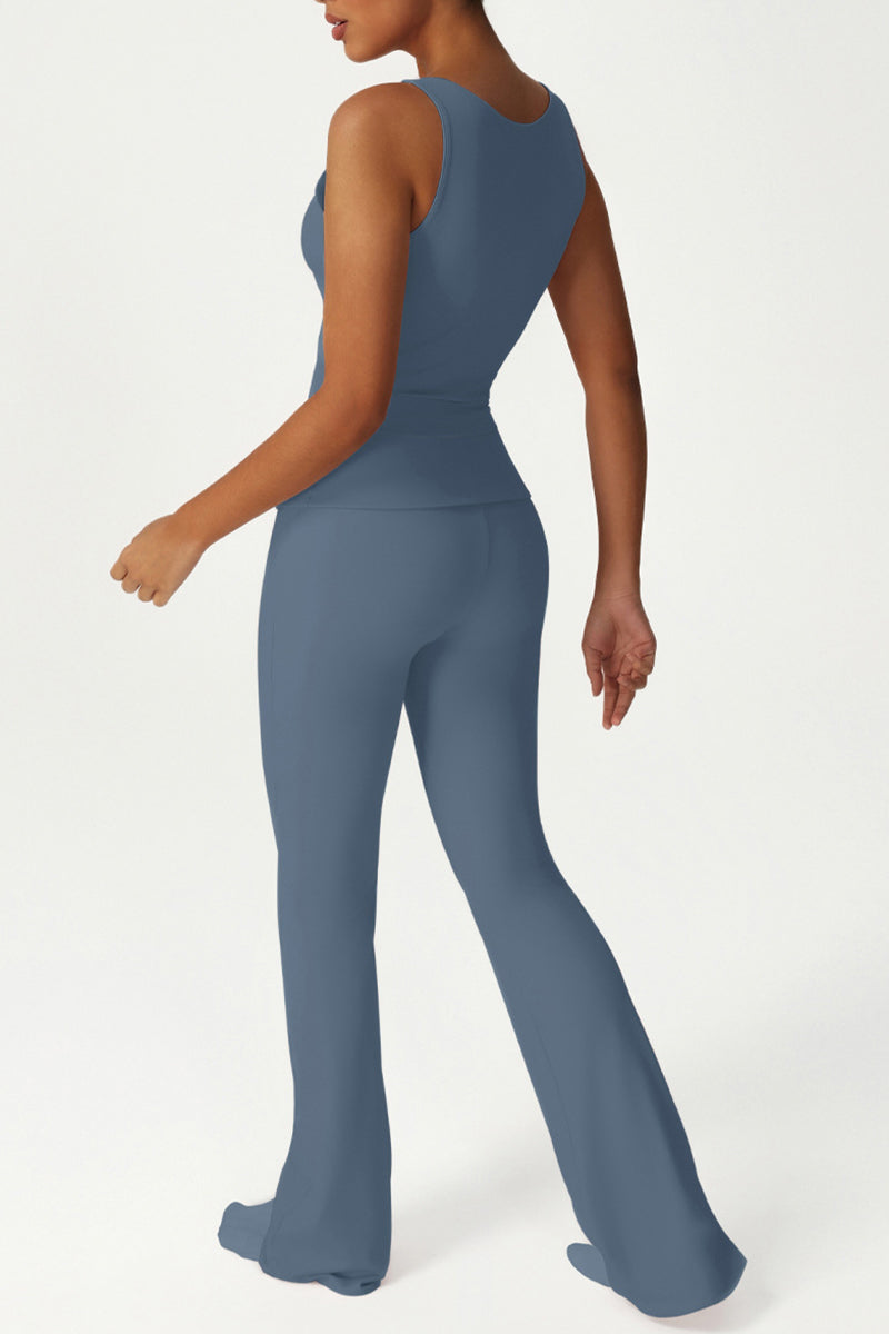High-stretch tops folded high-waisted flared pants 2-piece set