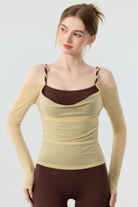 Women’s Twist Strap  Sheer Off-Shoulder Padded Yoga Top