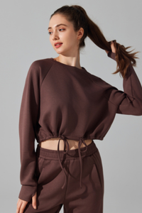 Women's Cropped Drawstring Long Sleeve Athletic Sweatshirt
