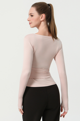 Sexy V-Neck Yoga Top with Drawstring Waist - Slim-Fit Long Sleeve Workout Shirt for Women, Breathable Fitness Tee