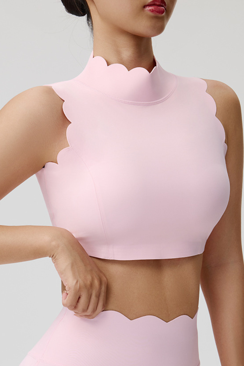 Women's Scalloped Mock Neck Padded Sports Cropped Tank Top
