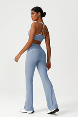 Women Seamless High Waisted Flared Yoga Set: Cross Back Sports Bra + Flared Leggings
