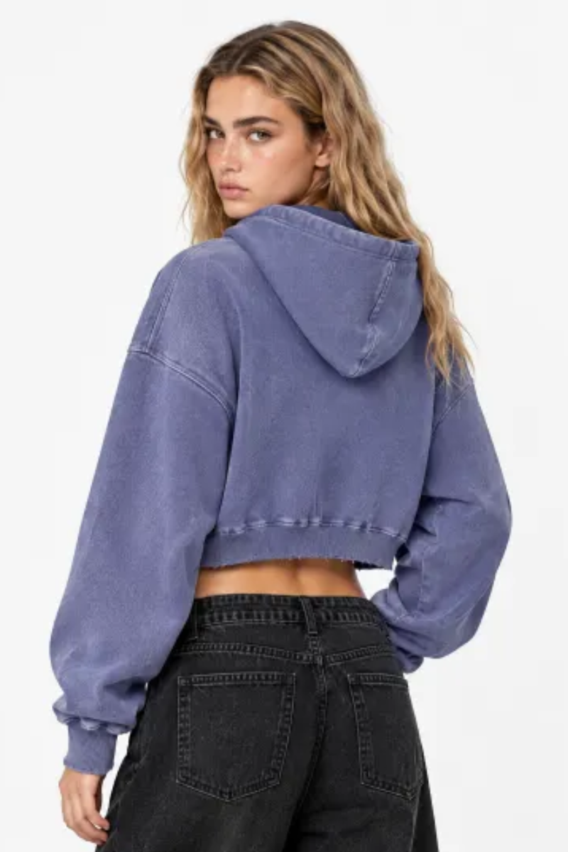 Women's Fall Cropped 100% Cotton Snow Washed Kangaroo Pocket Hoodie