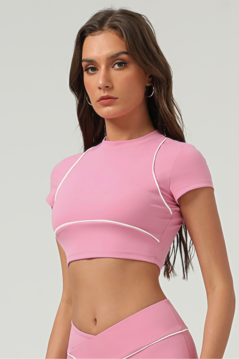 Women's  Color-Block Piping Cropped Mock Neck Sports Top
