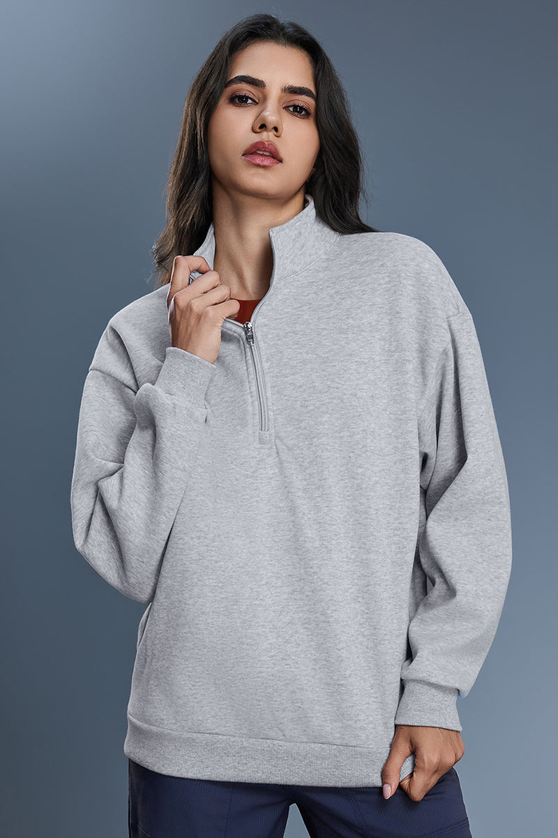 Women Half Zip Fleece Stand Collar Loose Casual Warm Sweatshirt