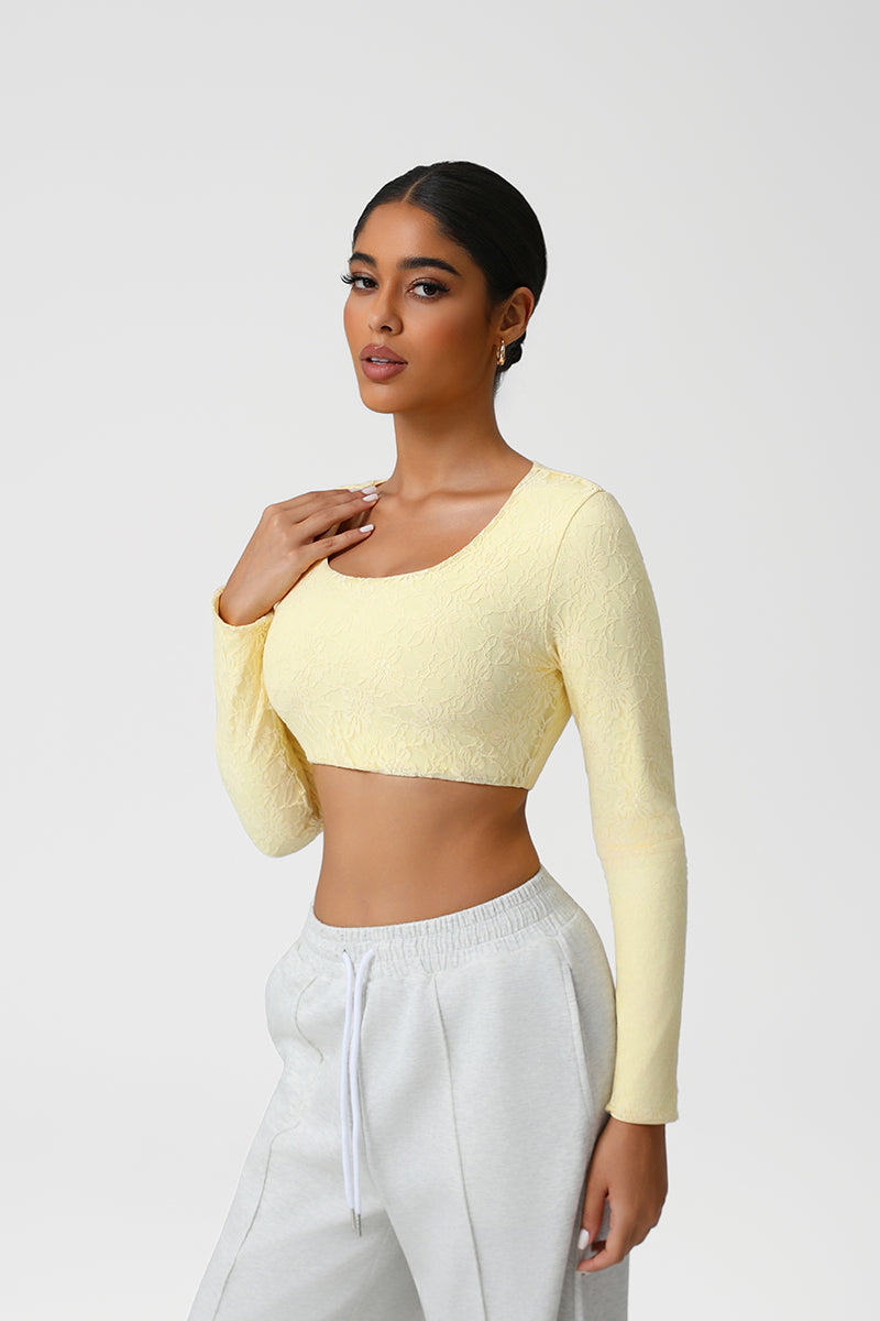 Women Lace Square Neck Cropped Yoga Long Sleeves