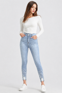 Women's High Waist Pearl Embellished Stretch Skinny Jeans