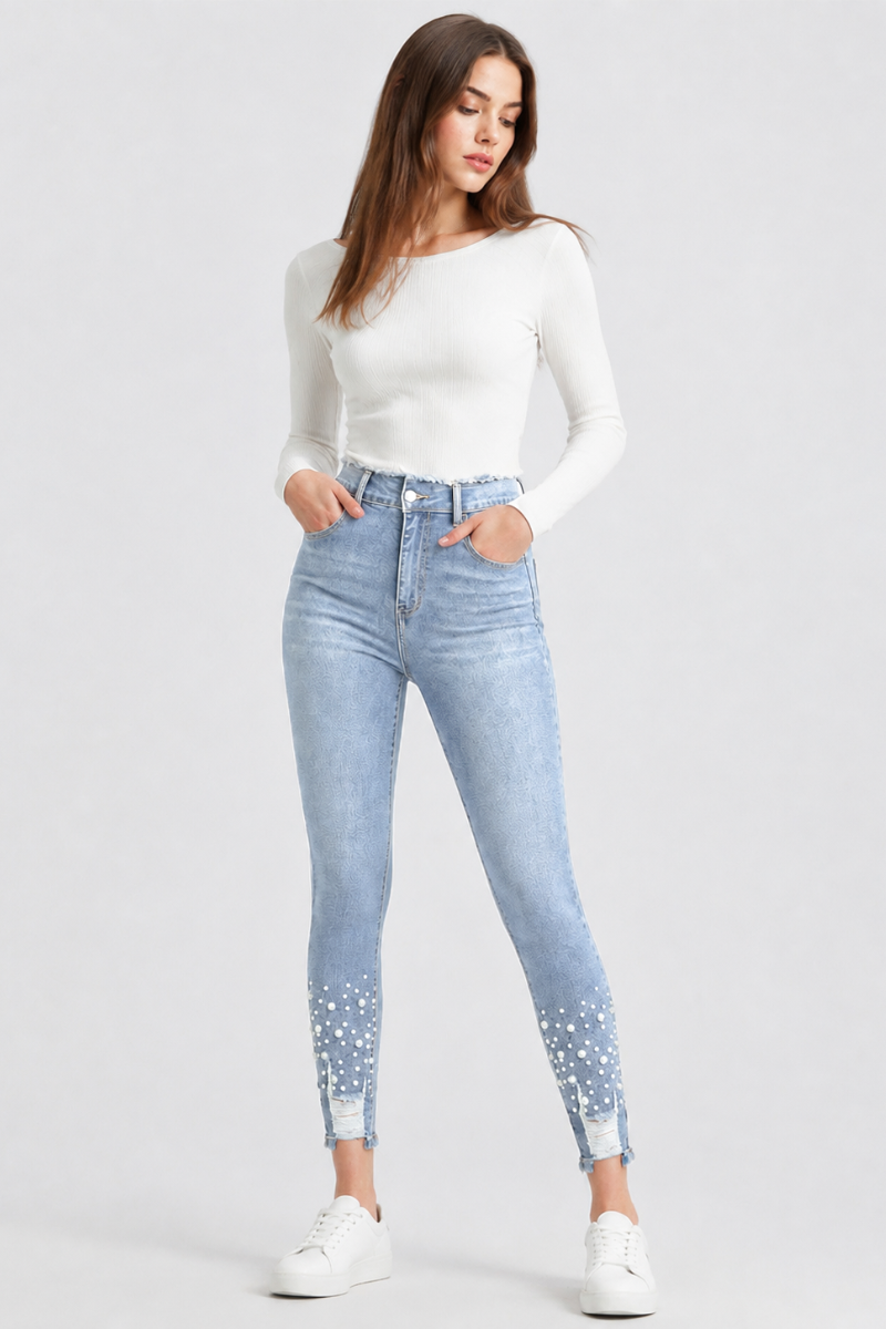 Women's High Waist Pearl Embellished Stretch Skinny Jeans