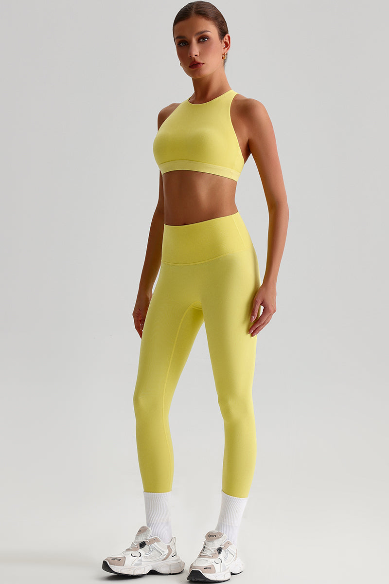 Women Brushed Cross-Back Slim-Fit Yoga Set: High-Waisted Butt-Lifting Outdoor Running Leggings + Round Neck Sports Bra