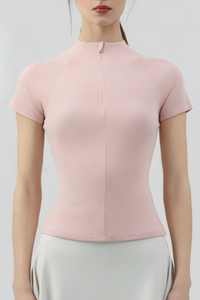 Women's Half Zip Stand Collar Slim Fit Short Sleeve Top