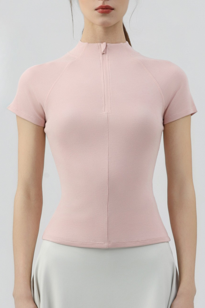 Women's Half Zip Stand Collar Slim Fit Short Sleeve Top